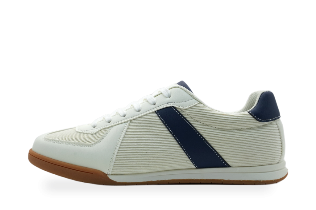 White Leather Sneaker with Navy Stripe
