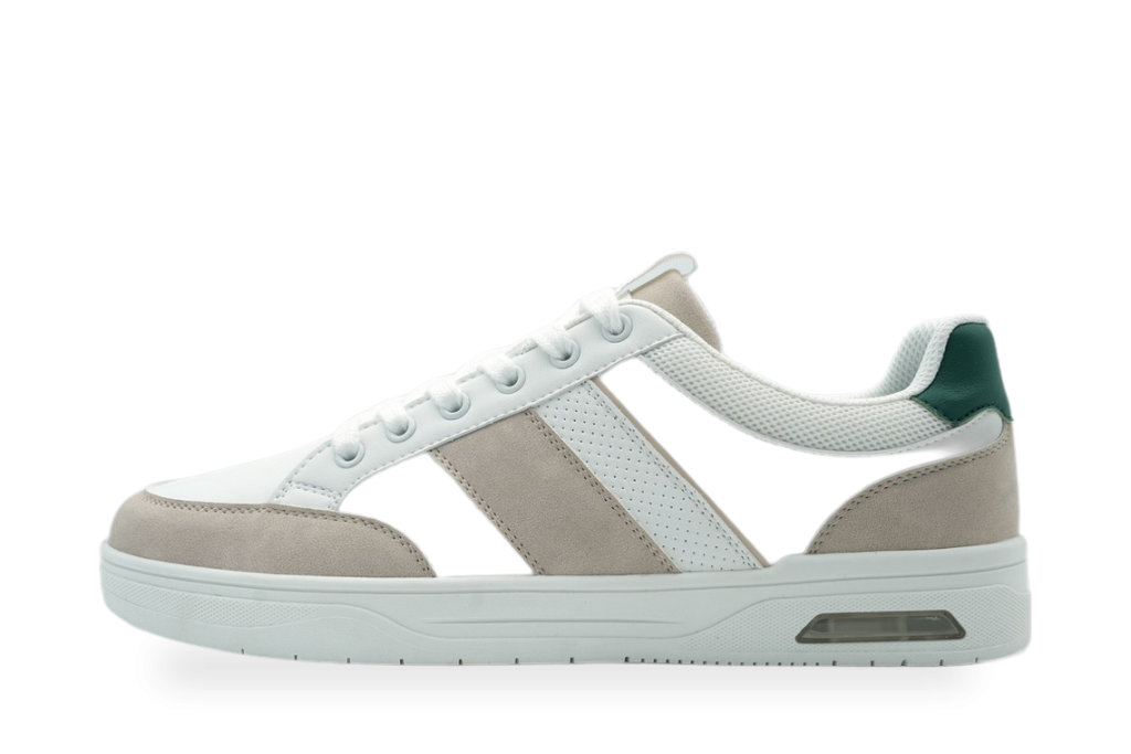 White & Beige Sneaker with Green Stripe