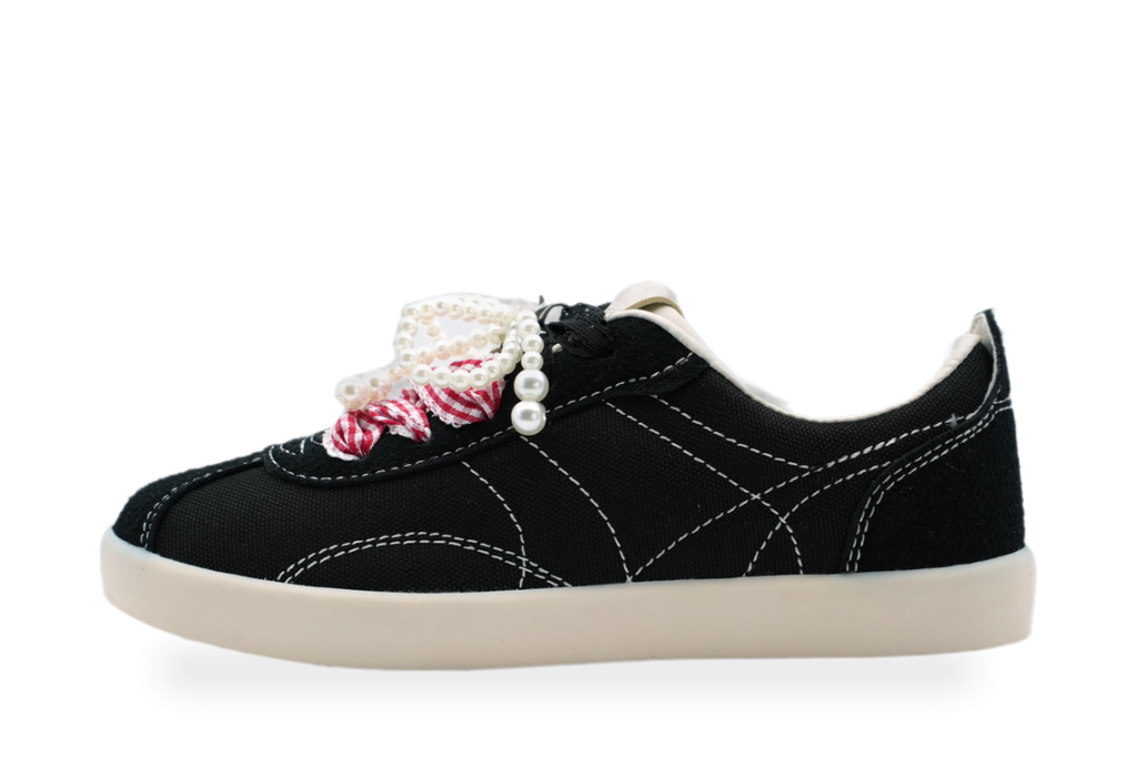 Girls' Black Low-Top Sneaker with Pearl Lace Charm