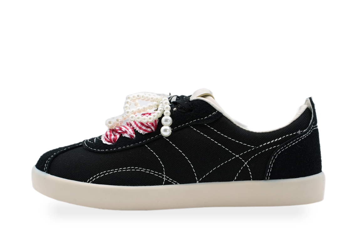 Girls' Black Low-Top Sneaker with Pearl Lace Charm