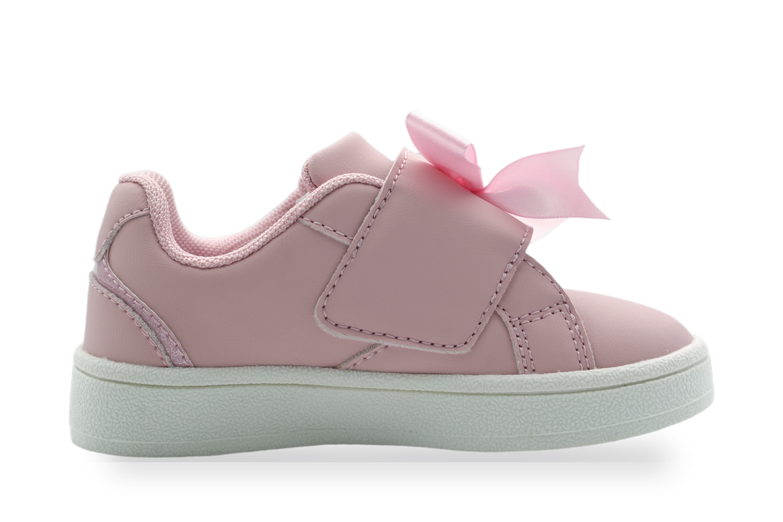 Girls' Pink Bow Strap Sneaker - outer side profile on white cupsole