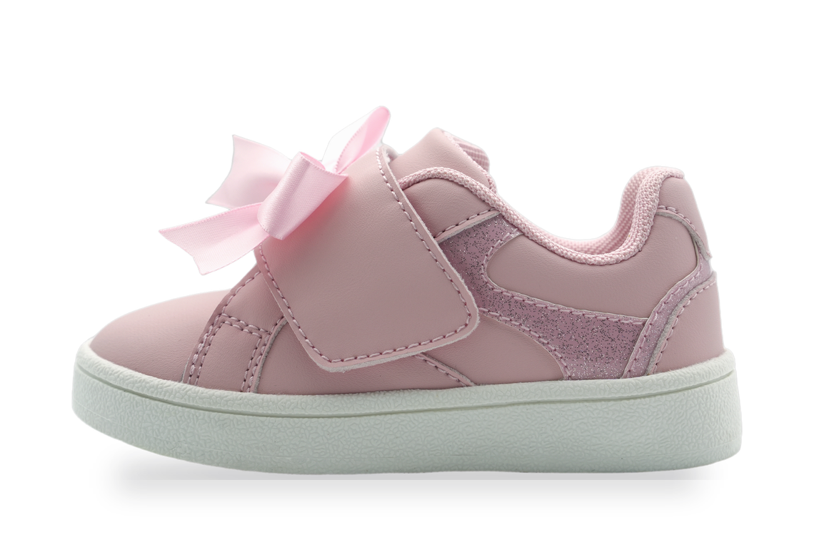 Girls' Pink Bow Strap Sneaker - side view of pink strap sneaker with satin bow and glitter panel